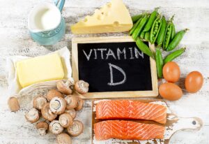 Chalkboard with "Vitamin D" next to foods that have lots of it